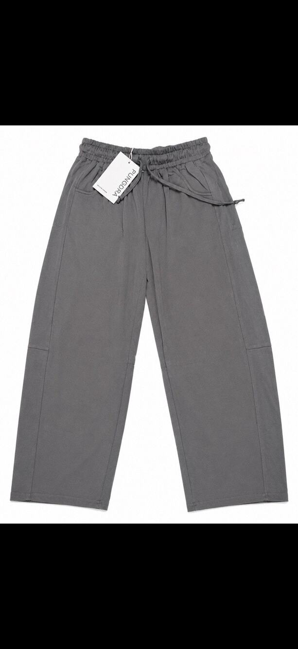 Women Gray Solid Casual Pants Elastic Waist Drawstring Regular Size L
